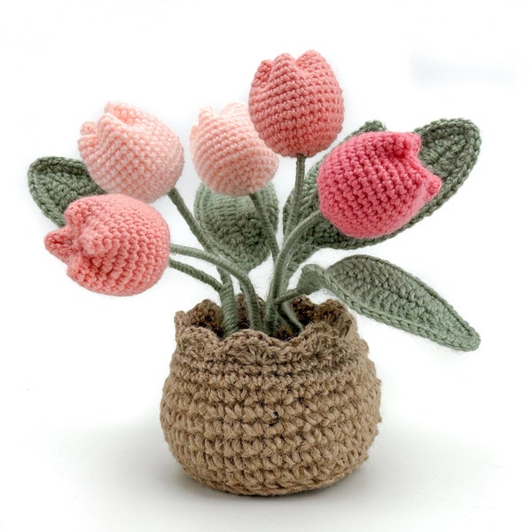 Crochet flowers, Crochet plant pot, Tulips bouquet, Mothers day gift, Birthday gift, plant gifts for plant lovers, handmade decor