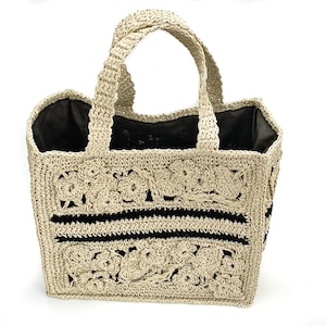 Crochet Straw bag, Raffia bag, Beach bag with lining in Paris motif, shopping basket in old money style image 6