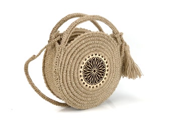 Jute round bag, crochet boho bag, handmade shoulder bag