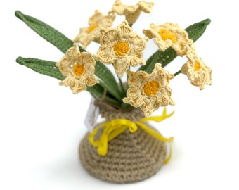 Crochet Daffodil Bouquet: Handmade Flowers in Jute Vase