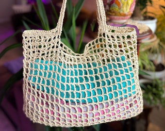 Summer tote bag, Straw beach bag, Crochet shoulder bag, Net bag for Women