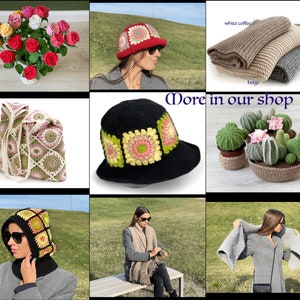 May include: A collage of crocheted items, including a bag, hats, a scarf, and cactus decorations. The text "More in our shop" is displayed in the center of the image.