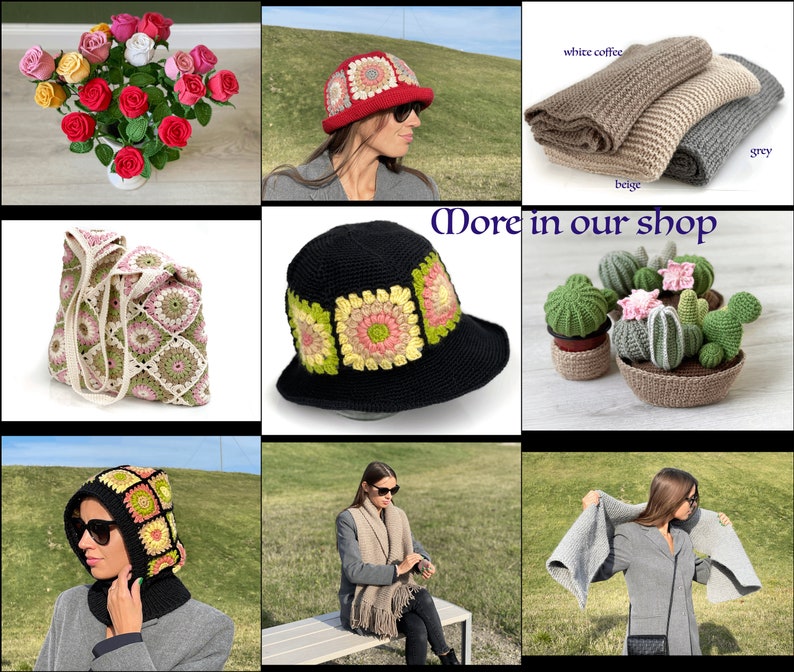 May include: A collage of crocheted items, including a bag, hats, a scarf, and cactus decorations. The text "More in our shop" is displayed in the center of the image.