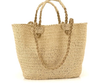 Sac de paille au crochet, sac de paille en raphia, sac de plage avec poignées en jute tissée, panier de marché français, sac marocain en osier sac fourre-tout boho