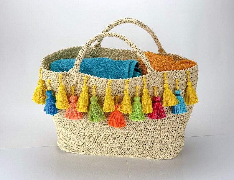 Straw Beach Bag With Tassels Boho Beach Bag Made From Straw Etsy