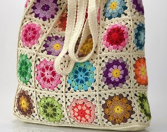 Handmade Crochet Granny Square Tote Bag: Retro Boho Purse
