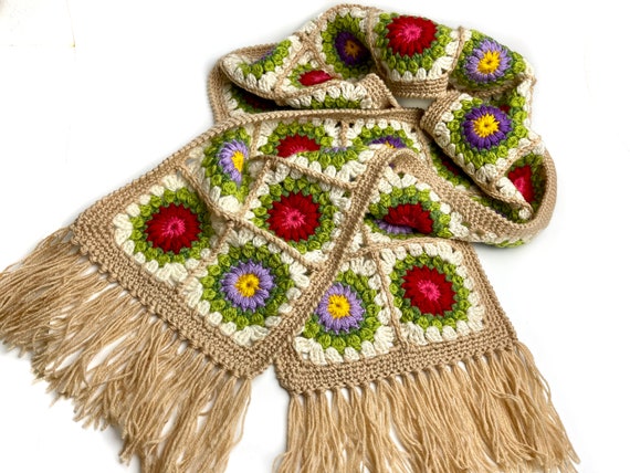 Handmade Granny Square Scarf: Colorful Crochet Merino Wool Winter Scarf