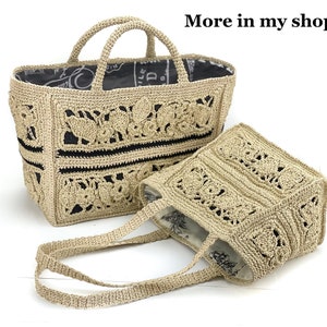 Crochet Straw bag, Raffia bag, Beach bag with lining in Paris motif, shopping basket in old money style image 9