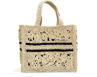 Sac en raphia, sac à main Book, sac de plage avec doublure pour femme de style old money