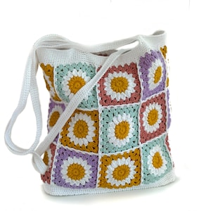 Granny Square Bag, Crochet bag handmade, high quality, soft to touch Boho Bag in White Daisy Flowers