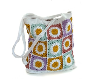 Granny Square Bag, Crochet bag handmade, high quality, soft to touch Boho Bag in White Daisy Flowers