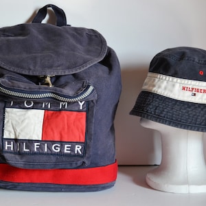 Vintage 90s Tommy Hilfiger Bag Canvas Drawstring backpack, tommy hilfiger bucket hat