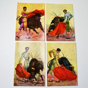 set van 4 Vintage stierenvechters postkaarten, 4 Vintage Spaanse stierengevechten ansichtkaarten, aquarellen, stierenvechters, Spaanse moorden, stierenvechten