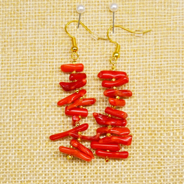 long red coral earrings, coral earrings, red earrings, gold earrings, summer earrings, long earrings, red coral, authentic coral, women gift