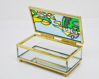 drawing glass jewelry box, stained glass jewelry box, vintage box, trinket box, glass box, designer box, box with dove, glass chest