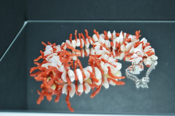Vintage Red Coral Branch Necklace: Authentic White Shells