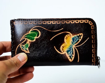 Vintage Leather Butterfly Purse - Brown Tooled Leather Wallet