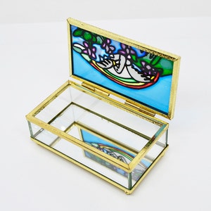 drawing glass jewelry box, stained glass jewelry box, vintage box, trinket box, glass box, designer box, box with dove, glass chest glass