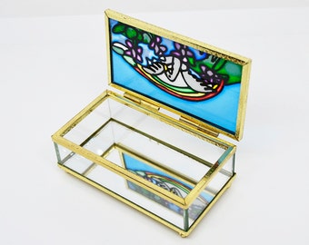 drawing glass jewelry box, stained glass jewelry box, vintage box, trinket box, glass box, designer box, box with dove, glass chest glass