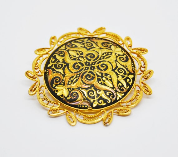 Ancien Bijou Damasquiné – Broche Géométrique Ciselée, Style Or De Tolède, Pièce Vintage