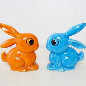 Easter rabbits, porcelain rabbits, two vintage rabbits, porcelain statues, vintage decoration, colorful rabbits, blue rabbit, orange rabbit