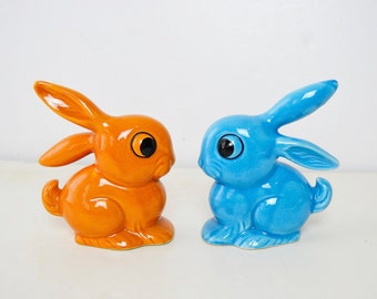 Easter rabbits, porcelain rabbits, two vintage rabbits, porcelain statues, vintage decoration, colorful rabbits, blue rabbit, orange rabbit