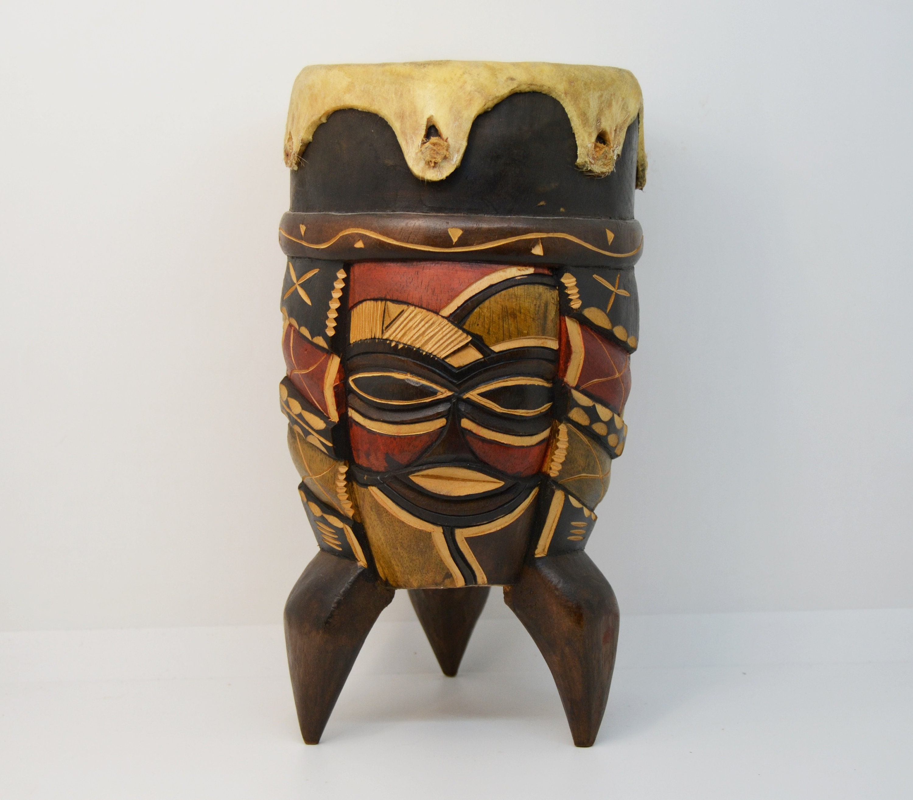 height 9 1/2 inches, width 5 inches,african tribal drum, african decoration, handmade, vintage africa, art object, tribal skin drum, african
