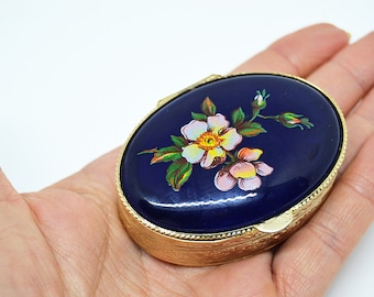 new vintage pill box, mini oval box, women's gift, collector's item, metal box, golden box, floral box, blue and gold