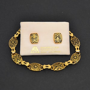 bracelet and earrings set, damascene earrings, damascene bracelet, vintage jewelry, women gift, gold bracelet, gold earrings, biguteria set,