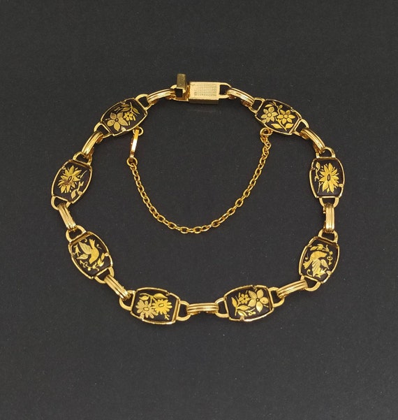 Vintage damascene bracelet dainty damascene gold bracelet spring closure black and gold toldeoware bracelet
