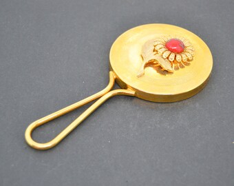 ヴィンテージハンドミラー 長さ13インチ 華やかなゴールドの花柄