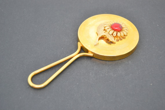 金色の花柄ハンドミラー ヴィンテージゴールドトーンハンドミラー：花柄の化粧台アクセサリー