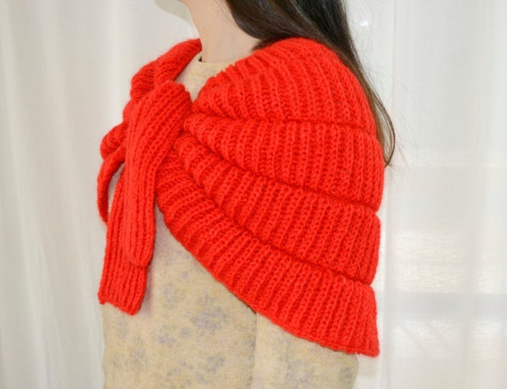 red cape, knitted cape, warm cape, wool cape, shou