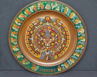 Vintage Aztec Sun Calendar Brass Plate - Native Mexican Wall Decor