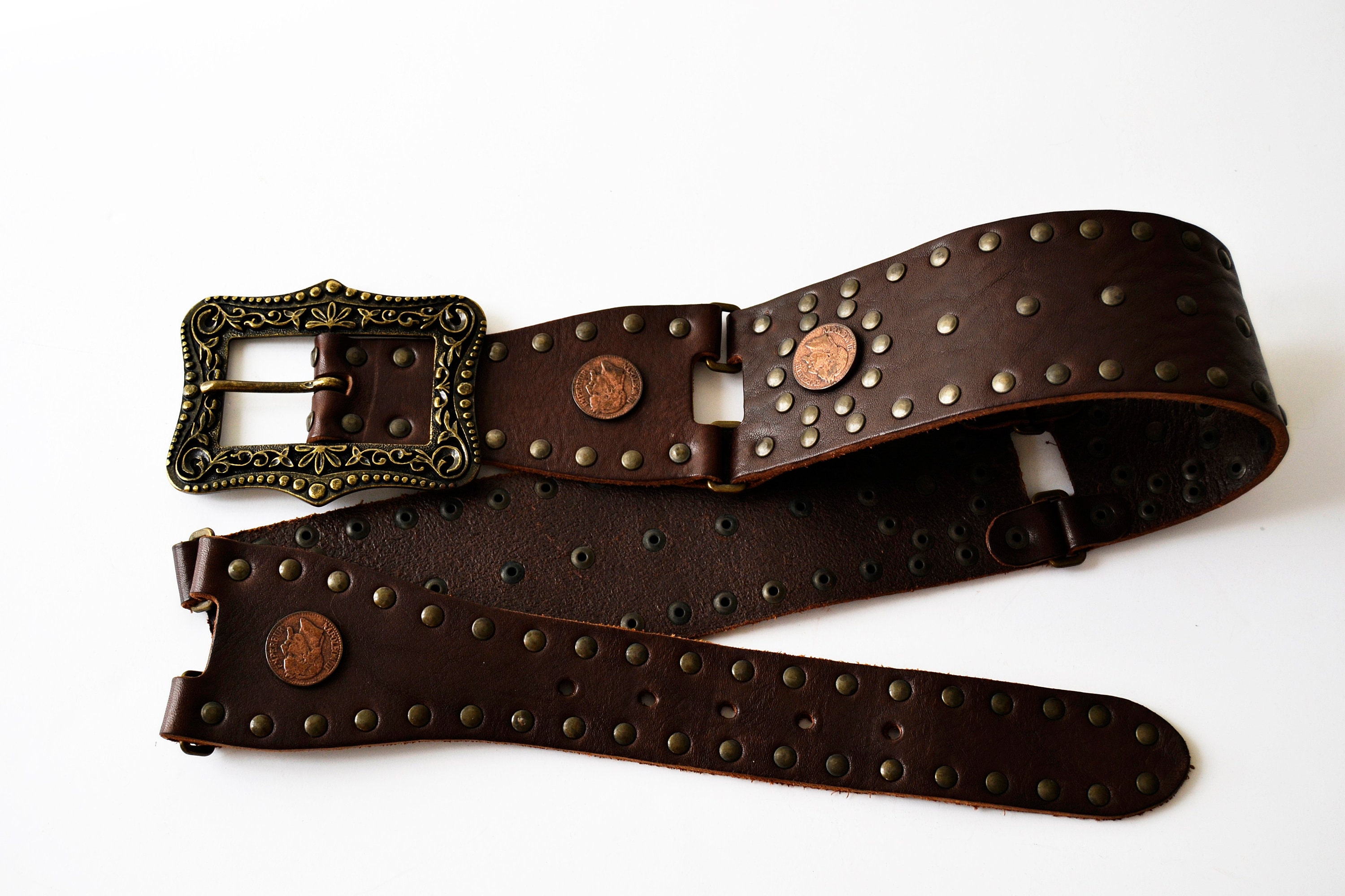Anna Biagini Leather Belt: Brown Wide Boho Belt With Buckle  display picture 3