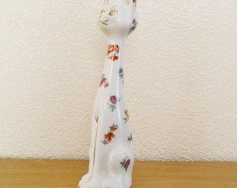 estatua gato,gato de porcelana,vendimia gato,estatua porcelana,gato decoracion,gato con flores,gato blanco,gato de colecion,estatuas