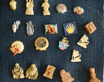 20 pin collection, vintage pin pins, religious pin, buddha pin, camino de santiago pin, pin, spain pin, virgins pin, vintage pins