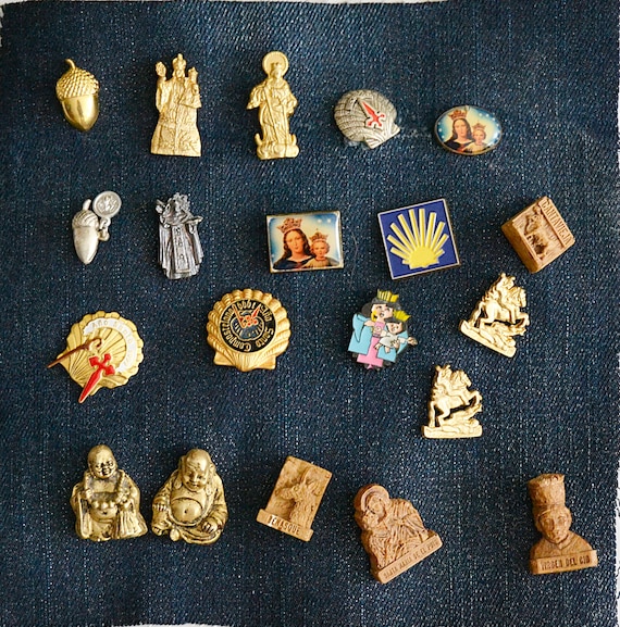 Vintage Religious Pin Collection: Buddha, Virgins, Camino De 