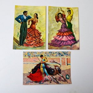 set di 3 toreri d'epoca cartoline, 3 corse di tore vintage spagnole cartoline, acquerelli, toreri, assassini spagnoli, corrida