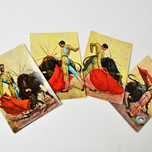 4 Vintage Spaanse stierengevechten ansichtkaarten, aquarellen, bullfighters, Spaanse moorden, stierengevechten voorwaarden, stierengevecht verzamelprogramma's, Spaanse ephemera