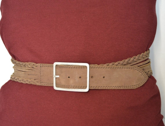 wide leather belt, vintage leather belt, braided … - image 1
