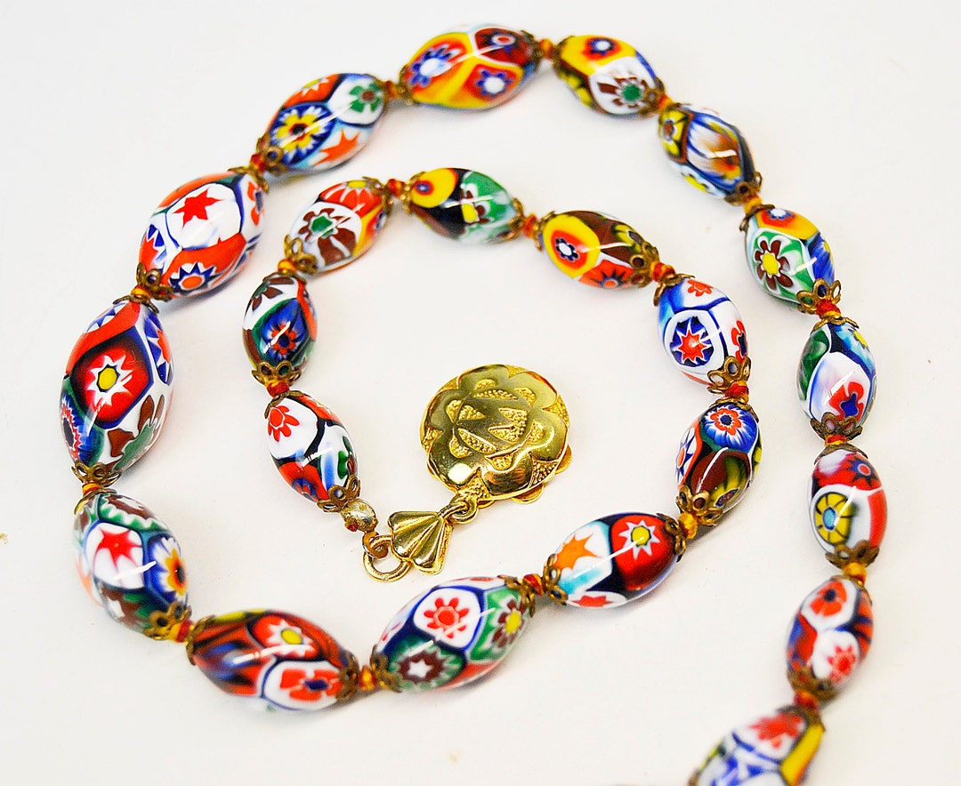 Collier Verre Murano Millefiori Italien - Perles Verte Transparente, 43,2 Cm, Fait Main Venise
