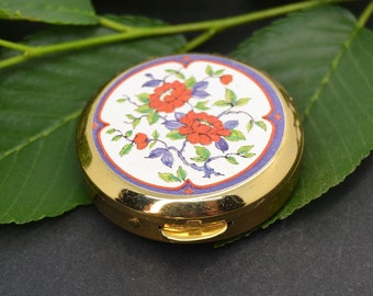 Vintage Enamel Floral Pill Box: Gold Tone Travel Accessory