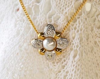 gold necklace with flower pendant, silver flower, golden flower, vintage necklace, flower with pearl, woman's gift, christmas