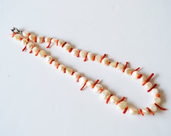 red coral necklace, cultured pearl necklace, pearls and red coral, coral choker, vintage choker, coral jewelry, pearl jewelry, authentic red