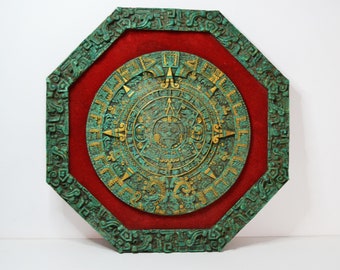 calendario de sol de malaquita triturada,Large Aztec Mayan Sun Calendar ,Calendar in Malachite Stone from Mexico,aztec wall calendar