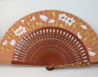 vintage hand drawn wooden fan, summer accessory, women gift, hand fan