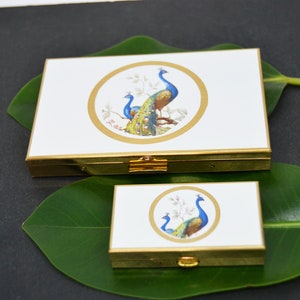 new vintage cigarette case / card holder and pill box / peacock / gold-tone metal / in original boxes