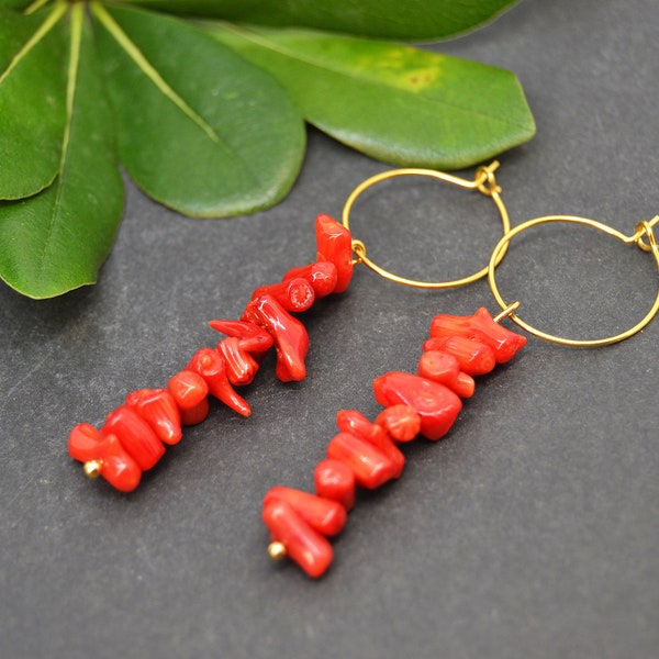 red coral earrings, fashion earrings, gift for her, long earrings, coral branches, Gemstone hoop, beaded hoops, gift for women, Coral hoop