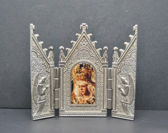 tríptico de metal religioso,tríptico de metal religioso,vintage tríptico religioso,triptico pequeño,triptico plegable de metal